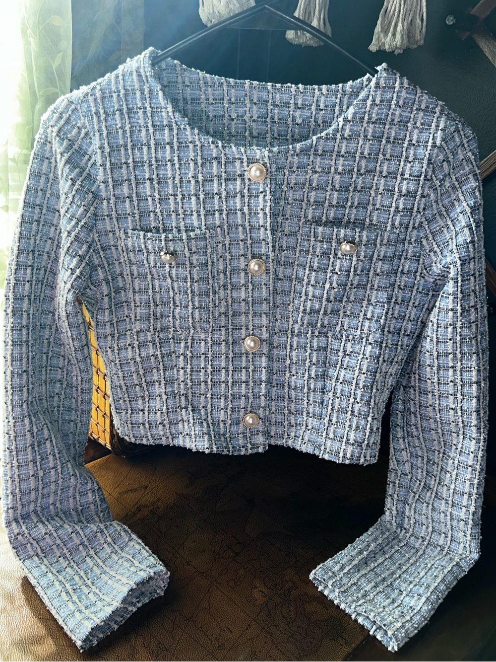 DAZY Plaid Pattern Short Round Neckline Tweed Jacket
